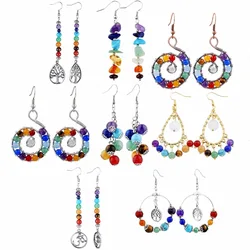 TUMBEELLUWA Natural 7 Chakra Crystal Stone Round Ball Shape Dangle Hook Earrings for Women,Assorted Shapes