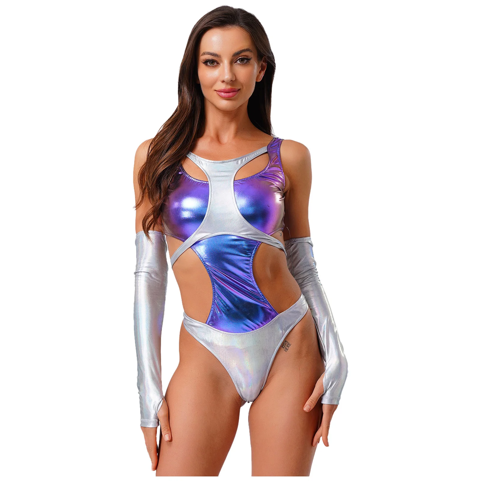 

Womens Space Alien Costume Halloween Role Play Astronaut Outfits Adult Metallic Shiny Leotards Bodysuits Set Space Themed Party