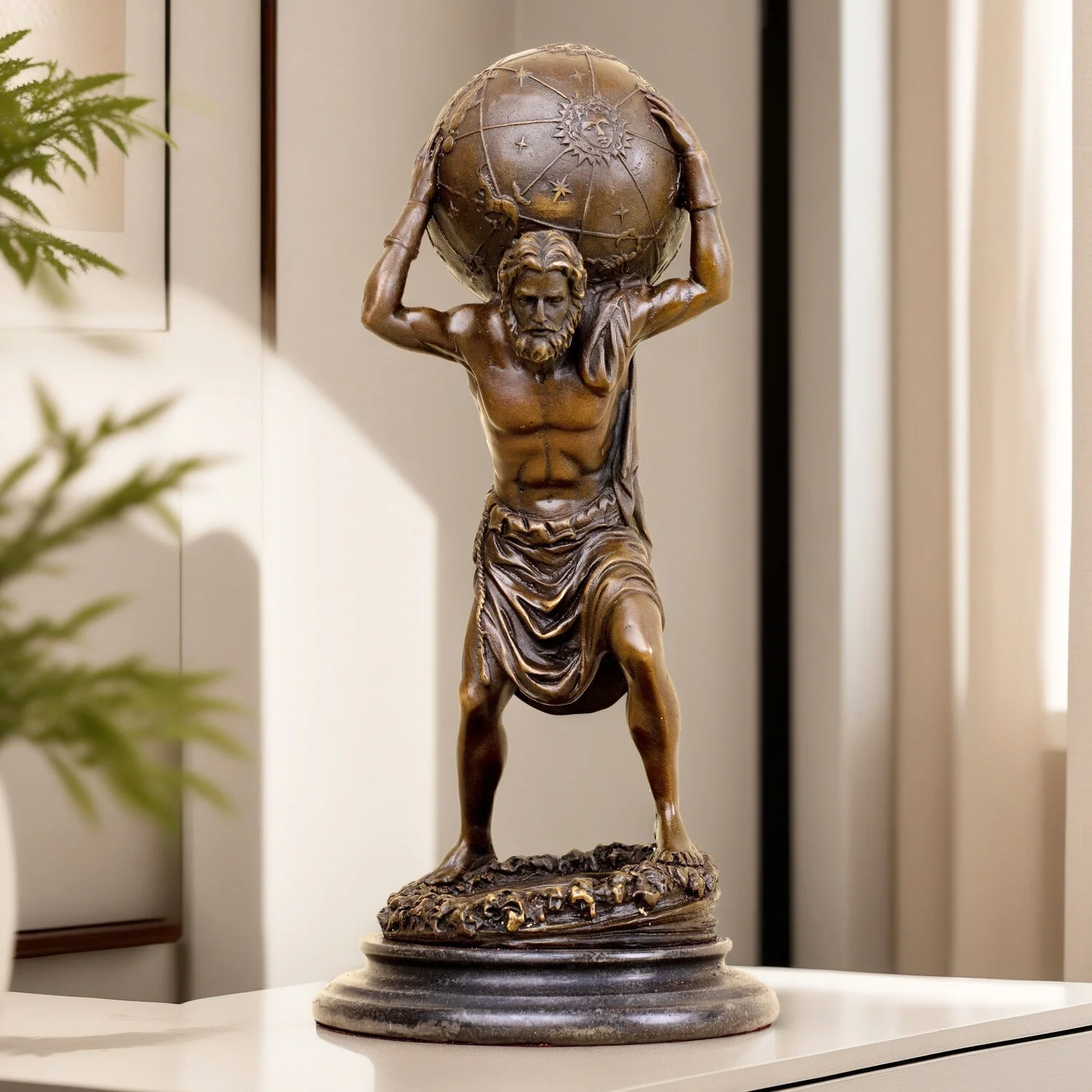 Estatua Atlas de bronce de titanio griego de 32cm, Atlas que lleva el mundo, estatuas y esculturas de bronce para decoración del hogar, regalo ornamental de escritorio