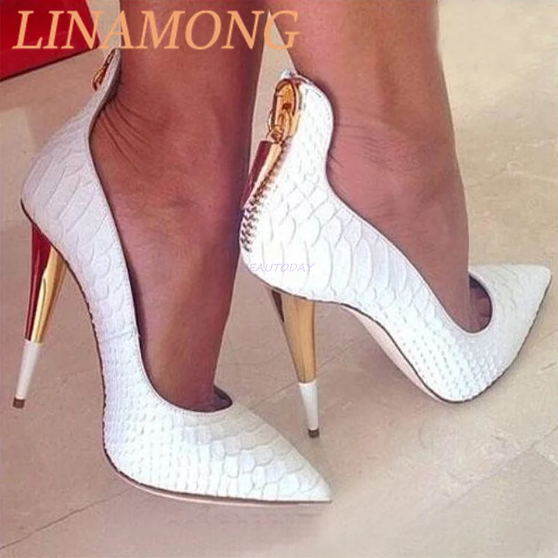 حذاء واحد بسحاب خلفي أبيض، حذاء نسائي عصري بكعب عالٍ رفيع مدبب، نمط بسيط، حذاء للحفلات والولائم