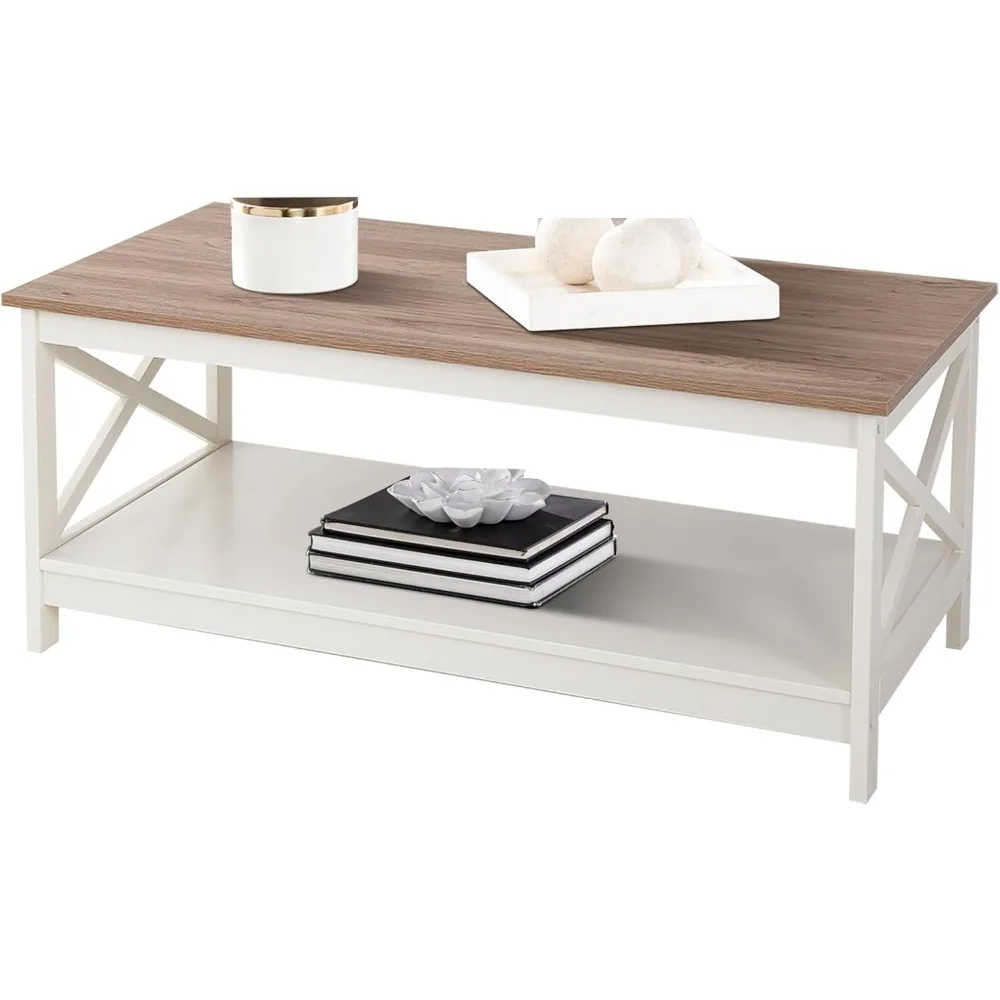 Sophia & William Farmhouse Coffee Table with Storage Shelf for Living Room, Ivory