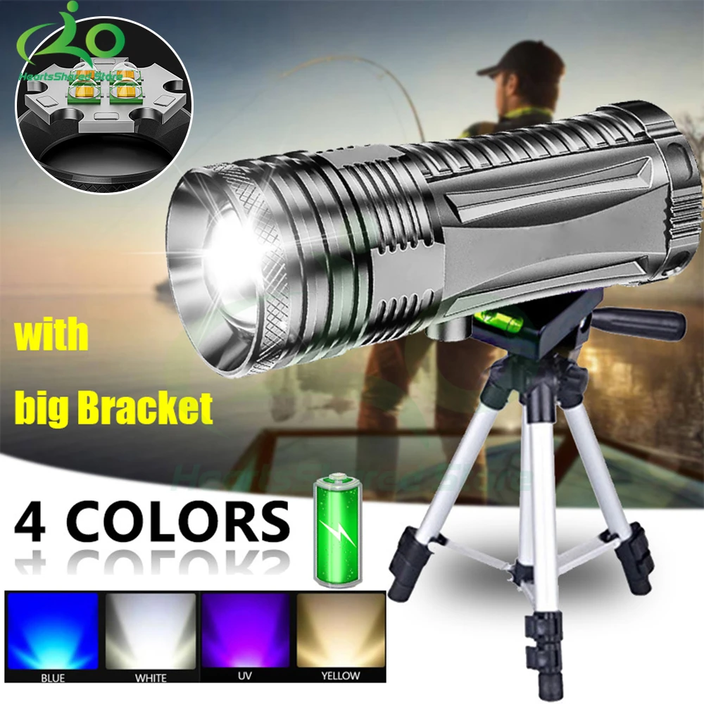 Fishing Flashlight Torch Blue Ultraviolet White Yellow Light Waterproof USB Rechargeable 4 Modes Camping Lamp Stand Lantern Lamp