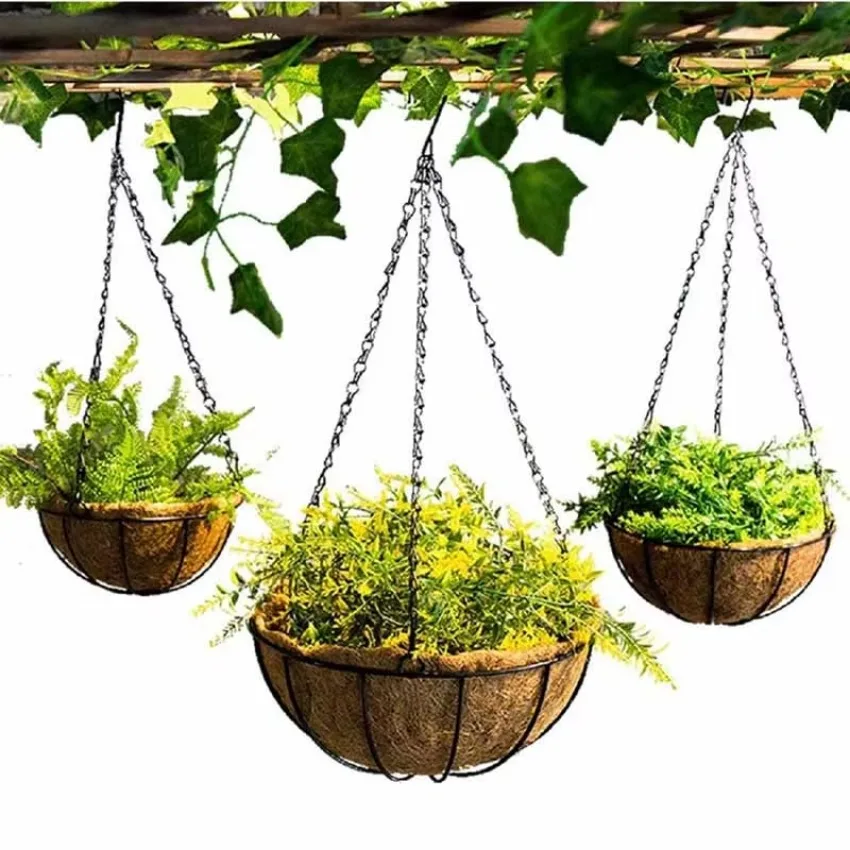1 Pcs 8/10 Inch Home Balcony Decoration Plant Hanging Basket Metal Bracket Garden Plant Round Wire Flower Pot Planting Accessory