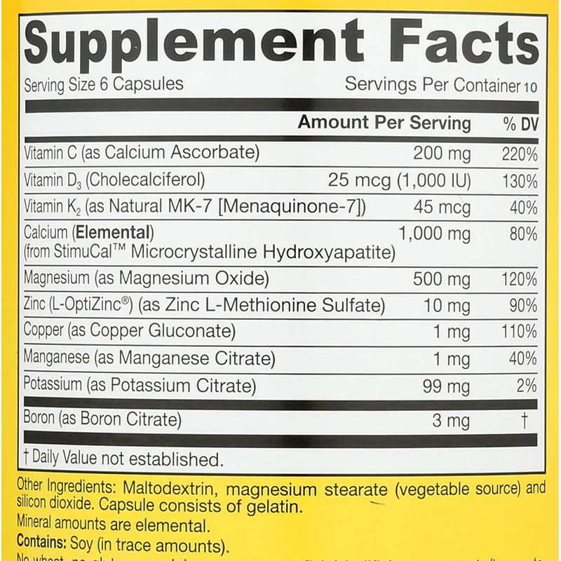 Trace Nutrient Formula for Bone Health - Dietary Supplements - Natural Sources of Vitamin D3, K2, and Calcium, 60 Capsules