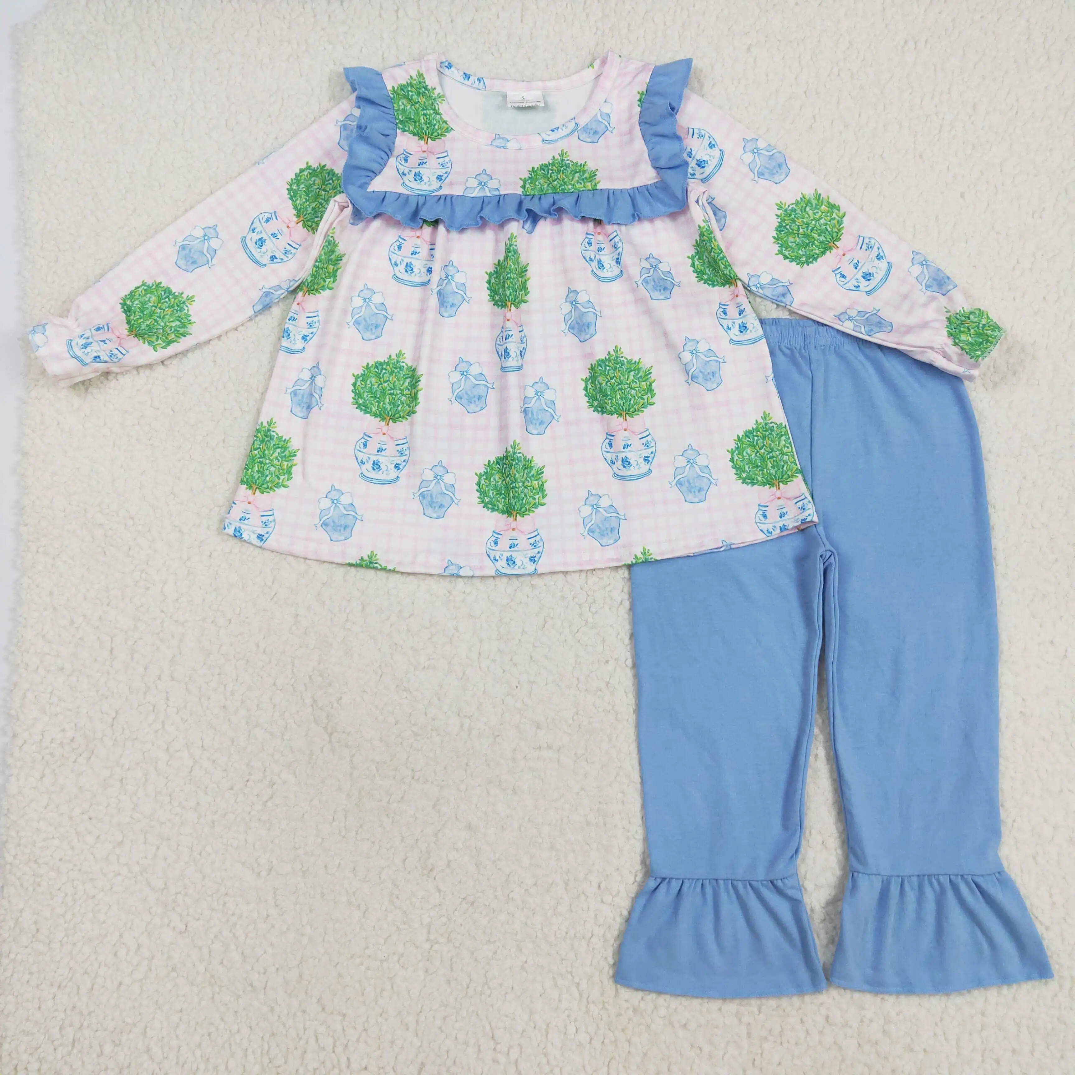 

Baby Girls Pink Long Sleeves Tunic with Blue Ruffle Pants Set Plaid Blue Bow Detail Plant Print Outfit for Infants