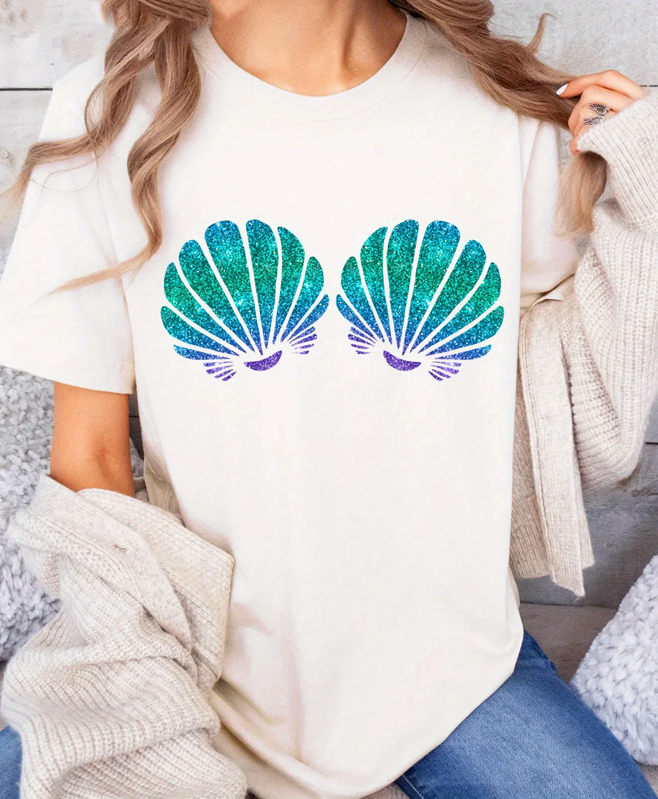 Mermaid Shell Bra Printed T-Shirt Sleeve Round-Neck Casual Top Suitable for Summer and Spring Women'S Clothing Aesthetic Clothes