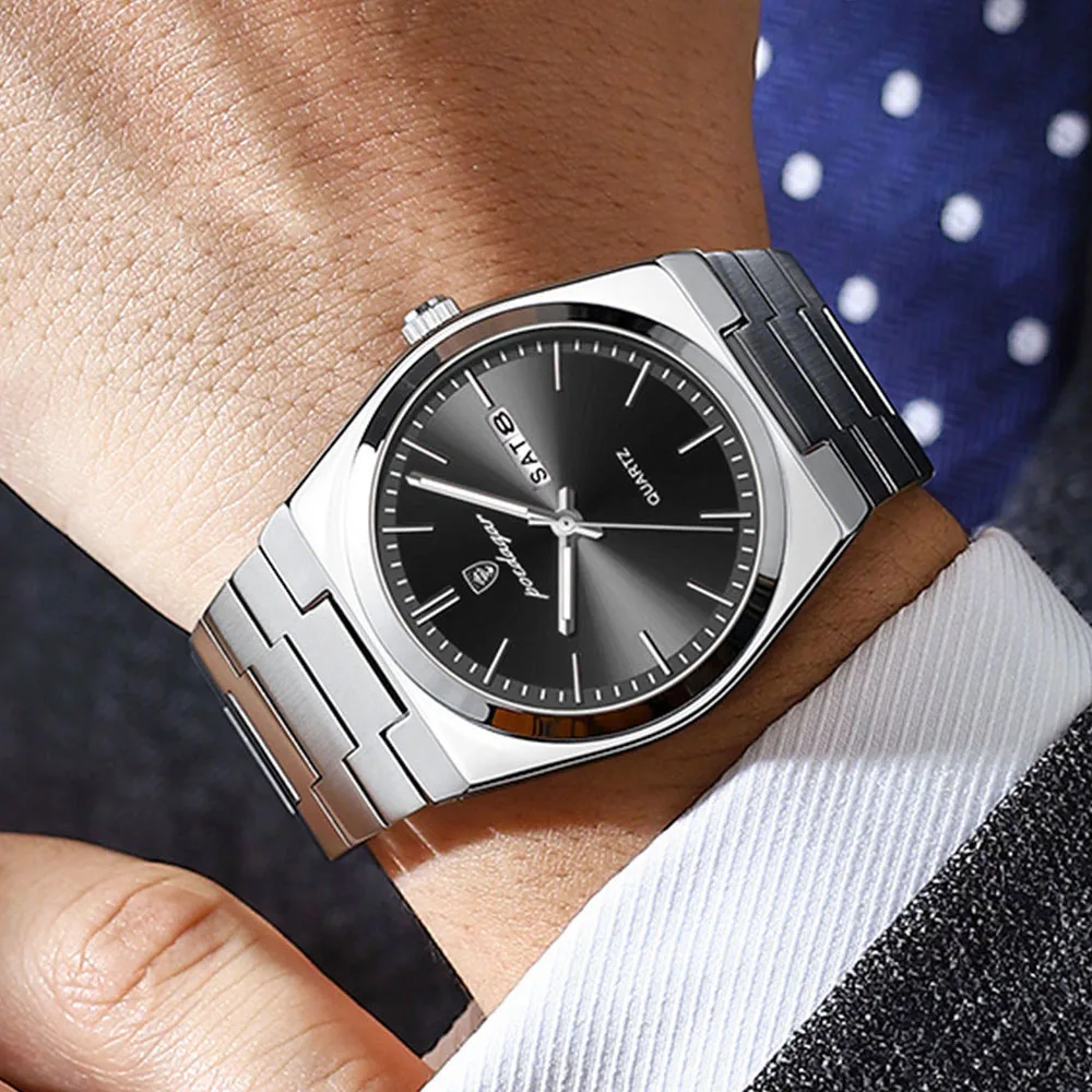 POEDAGAR Fashion ساعات رجالية بسيطة الاتجاه الأصلي كوارتز ساعة للرجل مقاوم للماء الفولاذ المقاوم للصدأ ساعة اليد تاريخ مضيئة