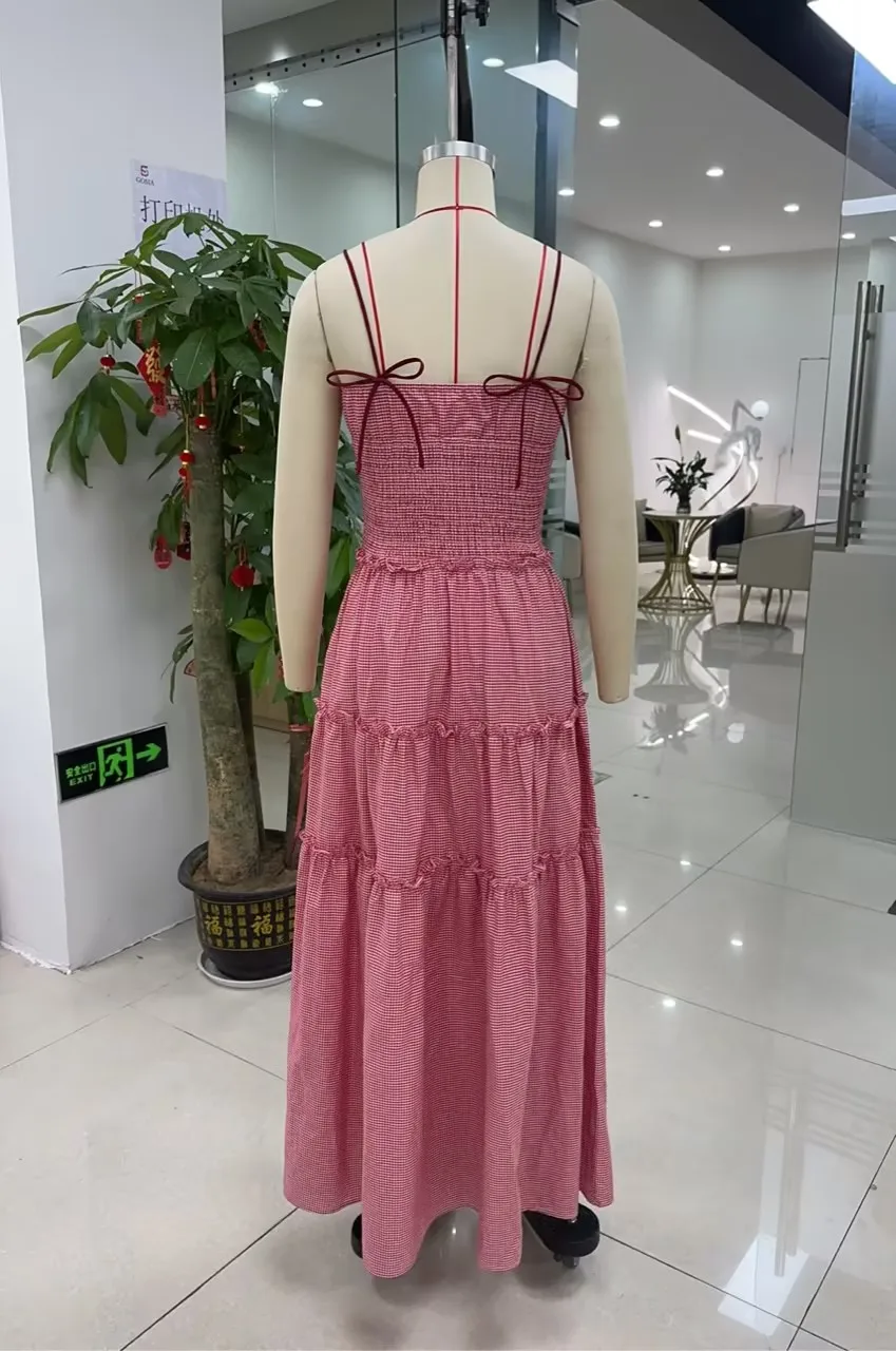 Women's Summer Long Cami Dress Sleeveless Open Back Tiered Striped Tie-up Strap Beach Dress