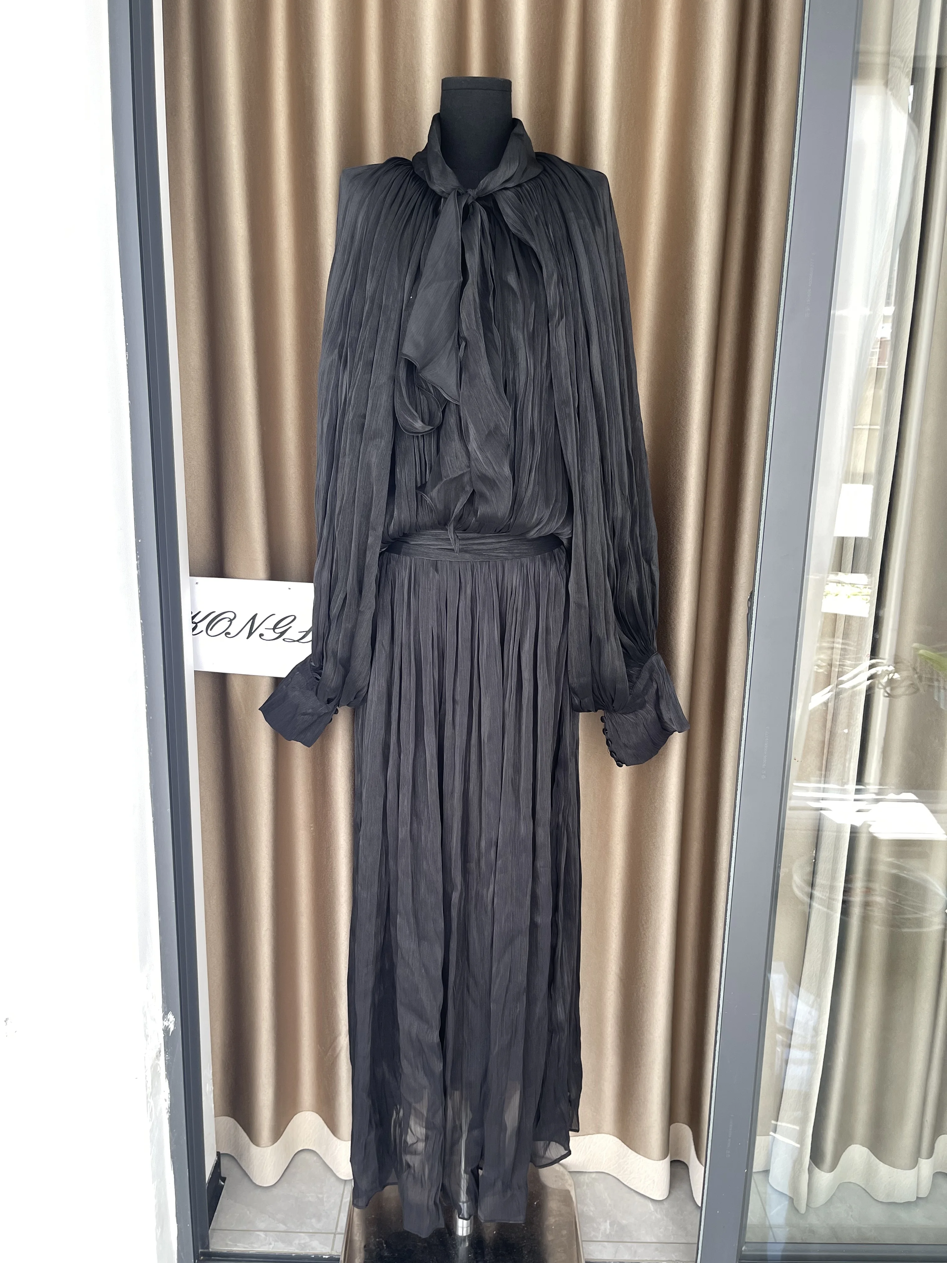 Vestido de Gala elegante para fiesta de noche, Sexy, liso, elegante, con cuello levantado, manga larga, cintura alta, con cordones, para discoteca, ropa para espectáculo nocturno