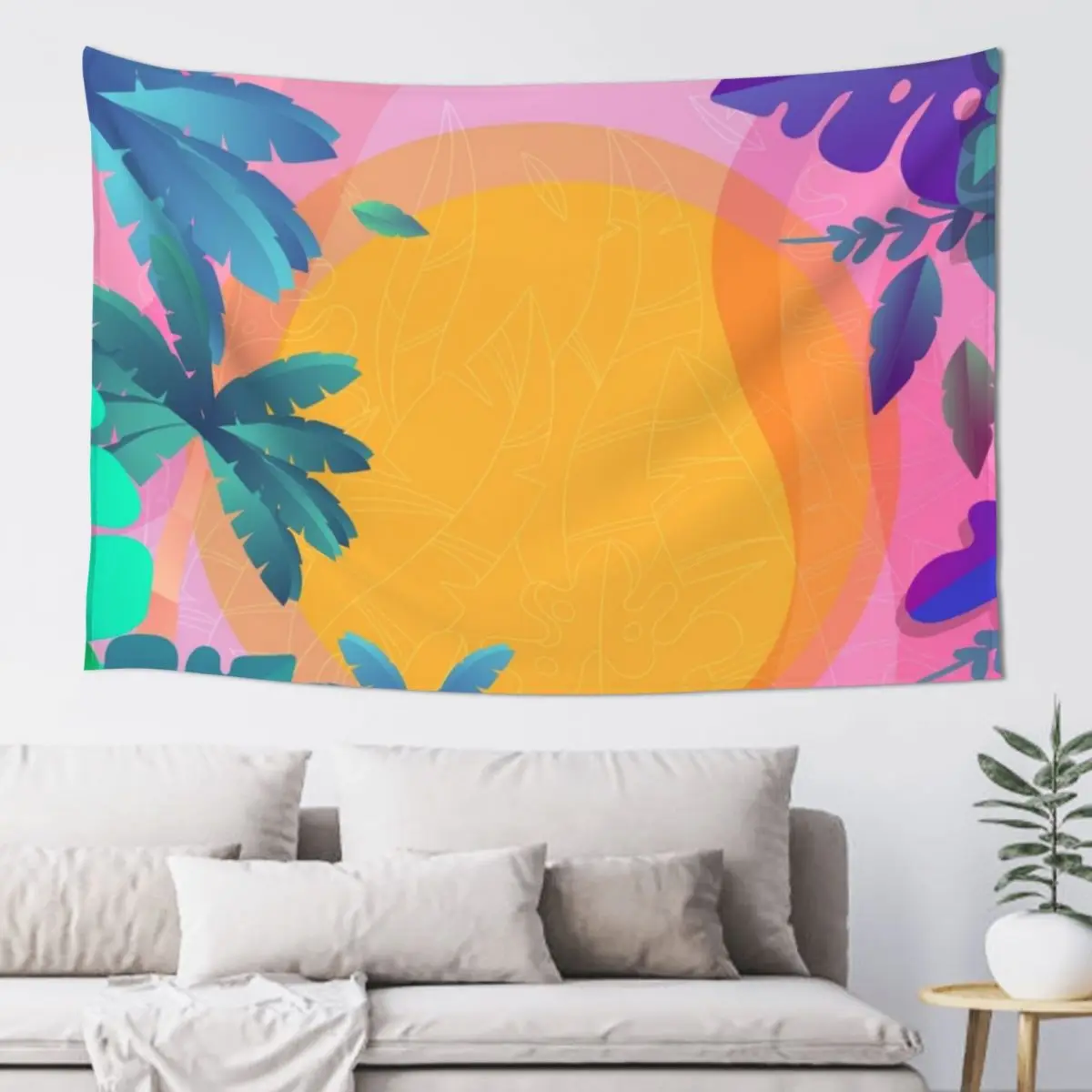 

Pink Vaporwave Tropical Island, Tropical Plants Tapestry Home Decorating Funny Outdoor Decoration Tapestry