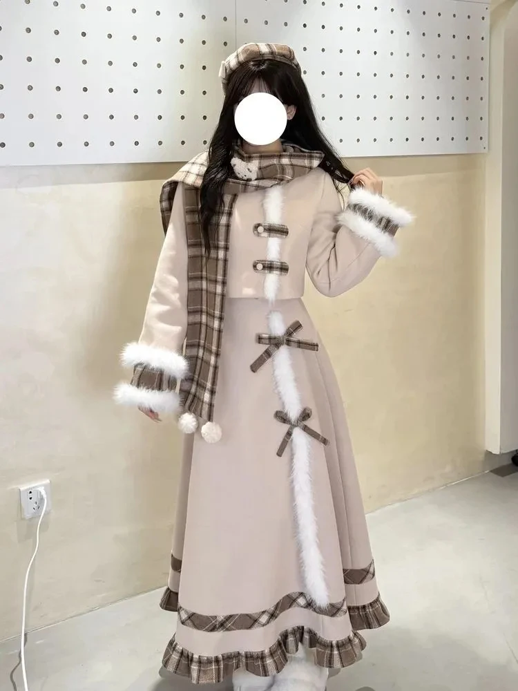 

Autumn Winter Plaid Splicing Warm Woolen Scarf Coat f-length Skirt Set Women Sweet Sle Faionable Tee-piece Suit