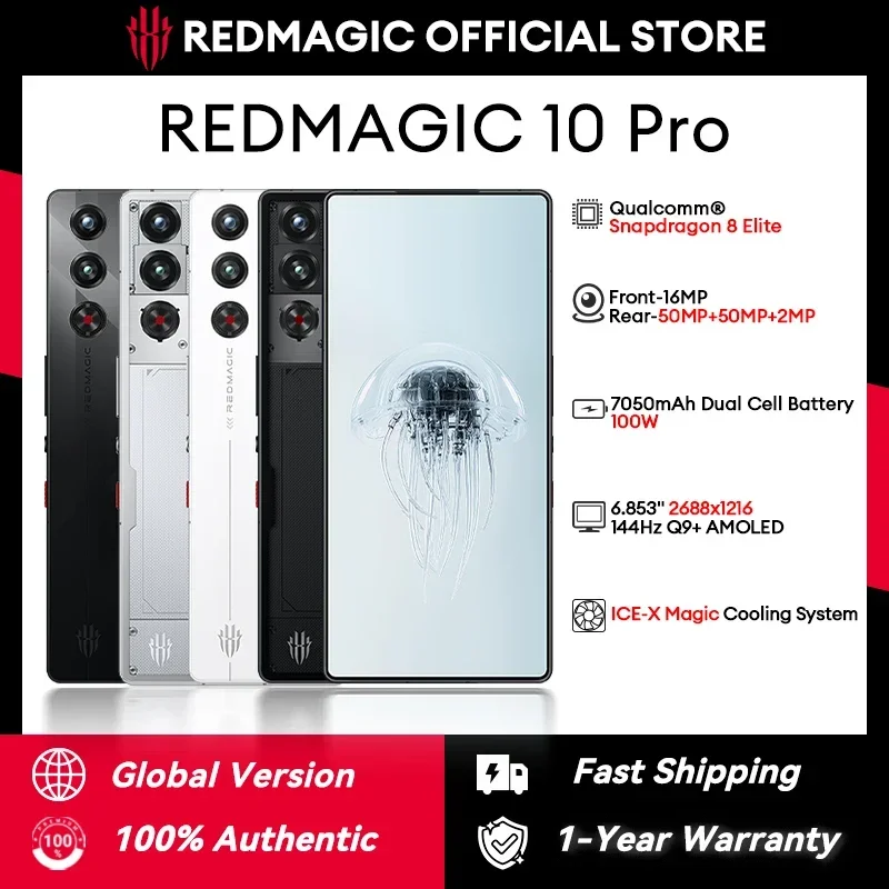 

Global Version Redmagic 10 Pro NX789J Snapdragon 8 Elite 6.853inch Q9+ 144Hz 2688x1216 AMOLED 50MP+50MP+2MP 7050mAh 100W NFC