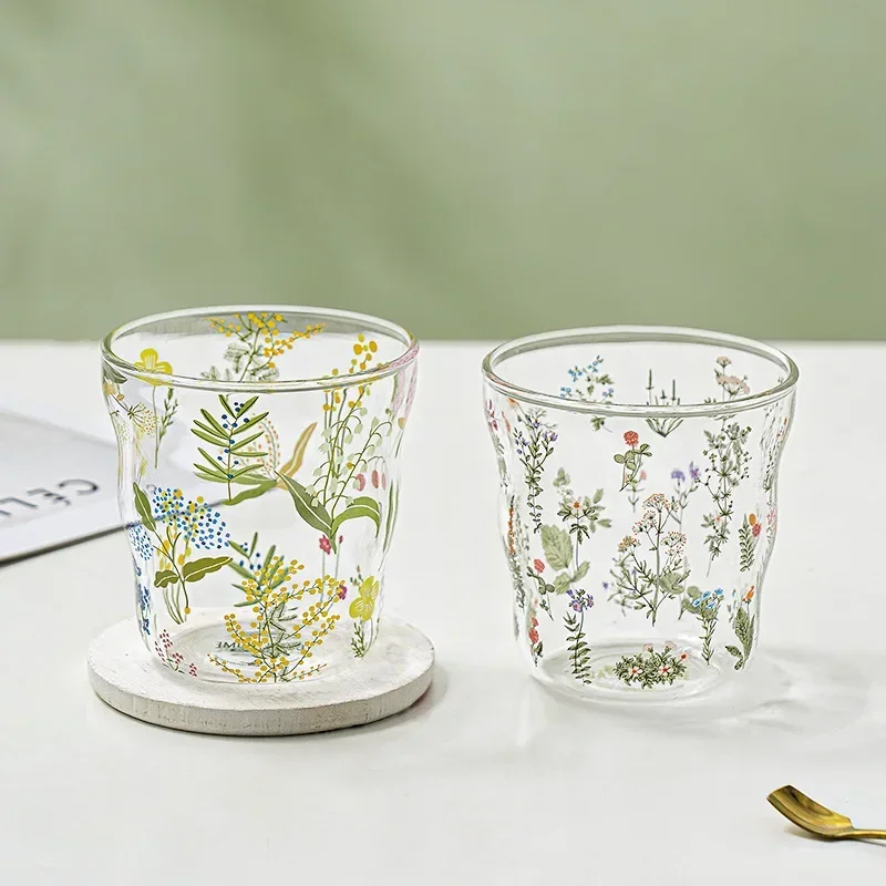360-450ml Flower Fresh Glass Home High Beauty Cloud Cup Handy Milk Cup Net Red Cup Drinking Glasses Coffee Mugs