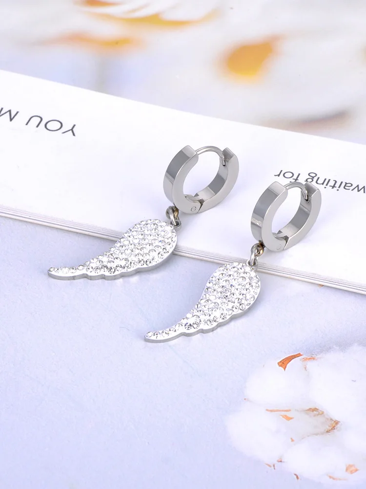 Lokaer White Clay Crystal Angel Wings Hoop Earrings For Women Trendy Stainless Steel Rhinestone Earrings Серьги Женские E23030