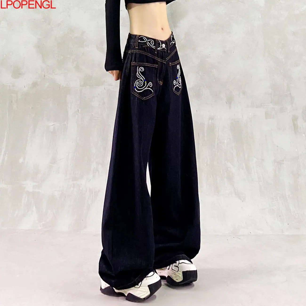Damskie jeansy w stylu etnicznym z kieszeniami i haftem, sprane na niebiesko, nowy jesienny model, z wysokim stanem, luźne, uniwersalne, proste spodnie z szerokimi nogawkami.