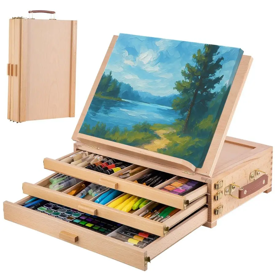 

Настольный мольберт с ящиком для хранения, портативный настольный мольберт из бука с 3 выдвижными ящиками, регулируемая подставка для рисования на столе