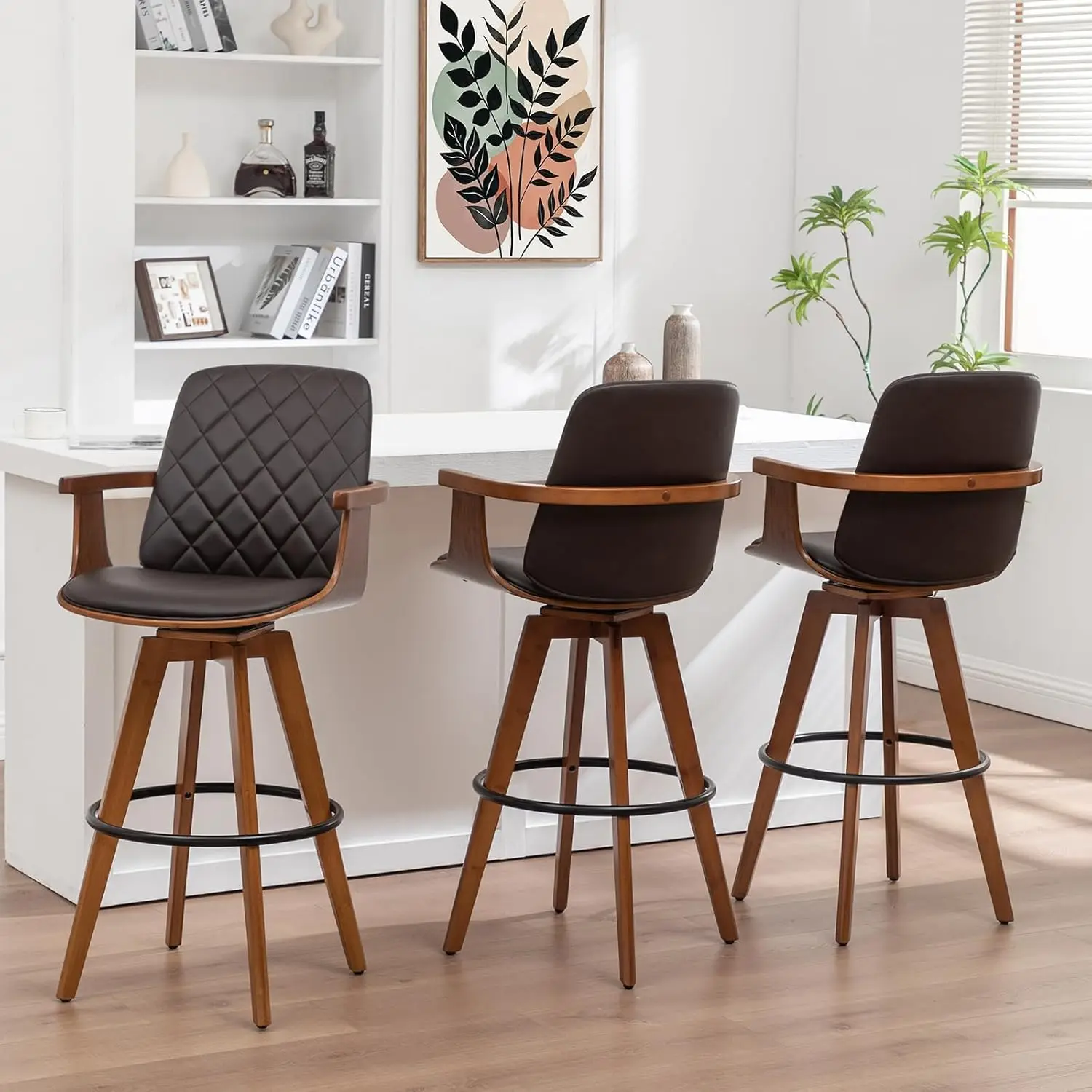 Swivel Bar Stools Set Of 3 - 29.1 Inch Mid Century Bar Stools With Walnut Craftsmanship, Curved Back And Arms,, Customized