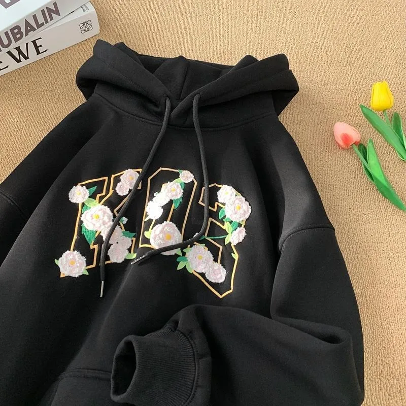 High Quality Pure Cotton Embroidery Flower Hoodie Harajuku Hip Hop Loose Oversized Sweatshirt Jacket Men Women Autumn Winter Top