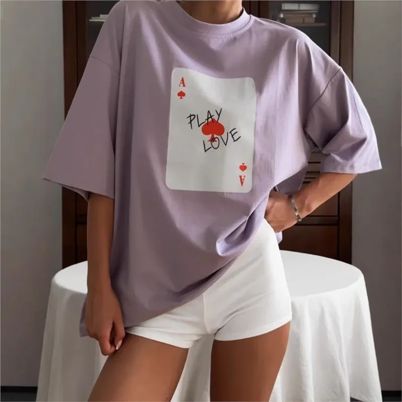 

Fashion Poker Letter Printed T Shirt Women Summer Soft Short Sleeve Tee Female Solid Color Higt Street Loose Casual Gothic Tops
