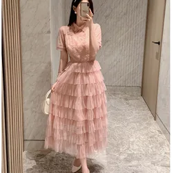New Fashion Summer Pink Lace Patchwork Mesh Cake Long Dress Women Beaded Doll Collar Puff Sleeve Layers Ruffles Princess Vestido