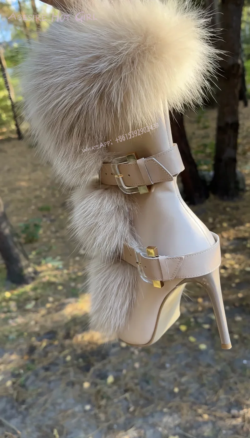 Brown Fur Pointed Toe White Leather Boots Women Striped Belt Buckle Cool Girl Calf Booties Tassel-Tie Cover Casual Zipper Shoes