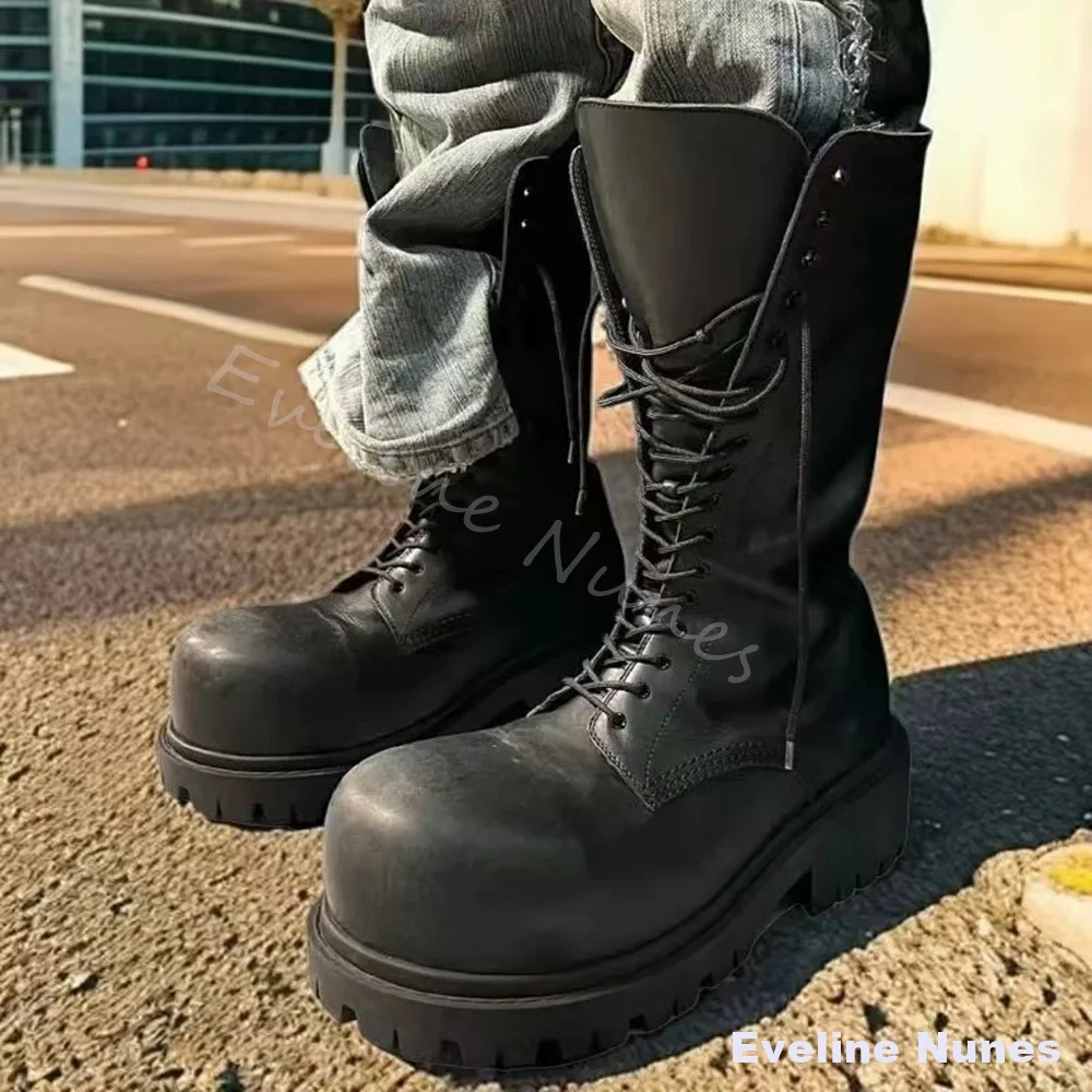 Black Distressed Knee High Combat Boots Men Big Round Toe Lace Up Platform Gothic Punk Boots New Street Grunge Motorcycle Boots
