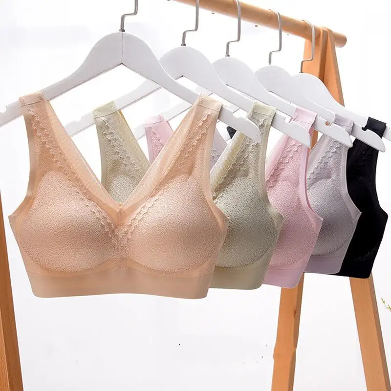 Seamless Thai Latex6.0 Women Underwear Without Steel Ring Gathering Bra Sexy Lace Camisole Vest Removable chest cushion Bralette