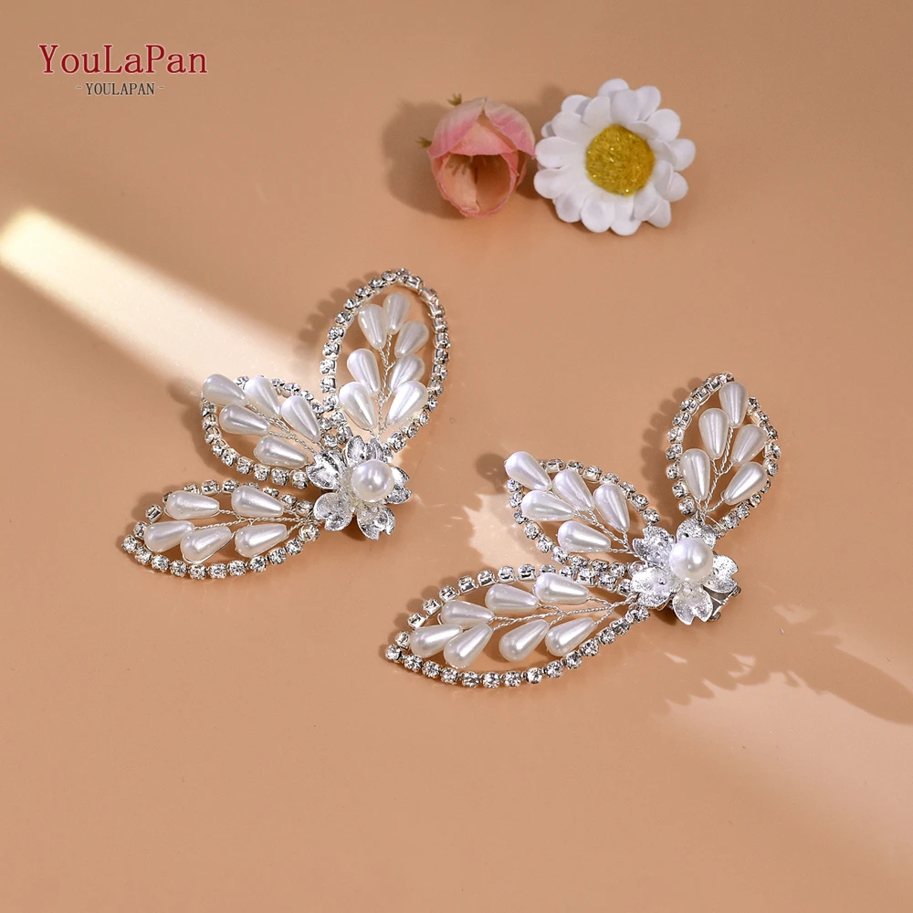 YouLaPan 2pc Bride Pearl Shoe Clips Alloy Flower Shoe Accessories Clips Wedding Shoe Rhinestone Decoration Shoe Clip HX62