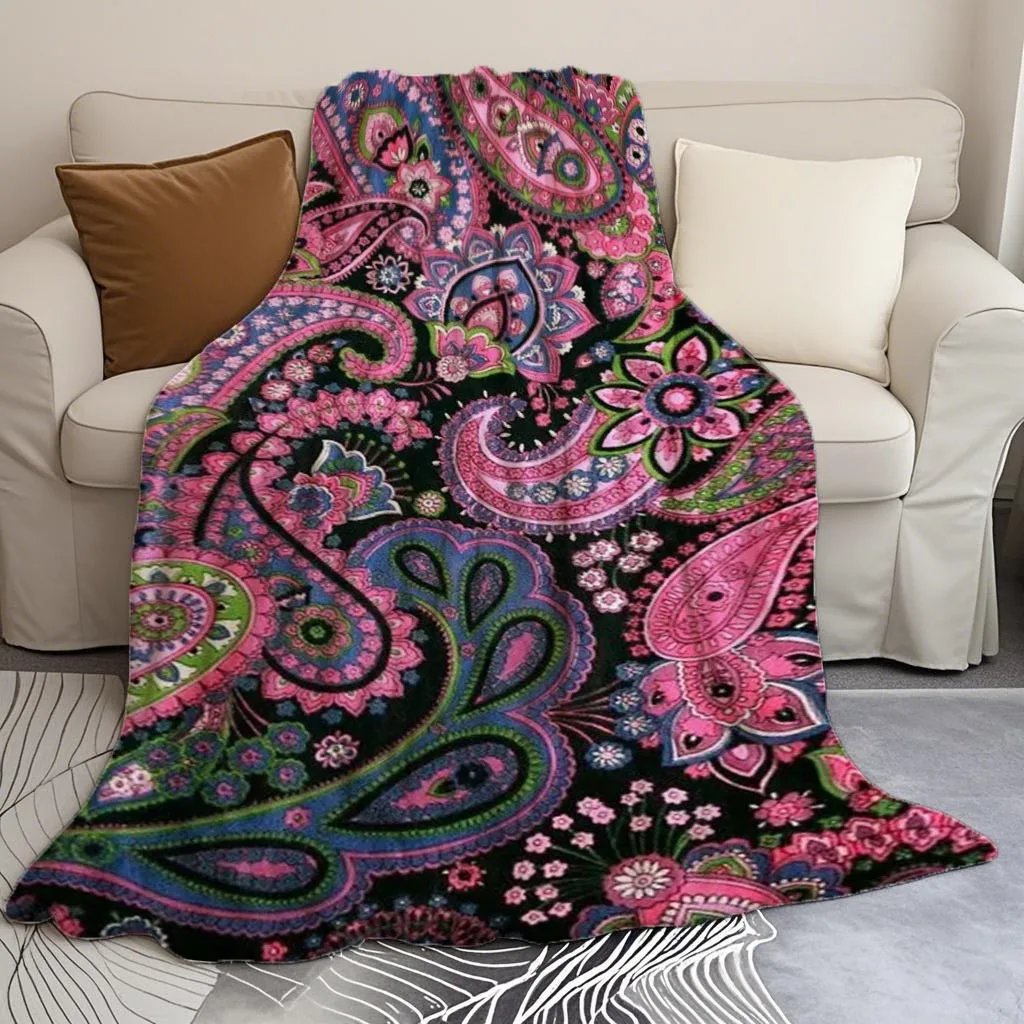 1pc Dark Night Full Bloom Paisley Pattern Printed Fleece Blanket, Soft Polyester Fabric, Multi-Functional Artistic Printed Blank