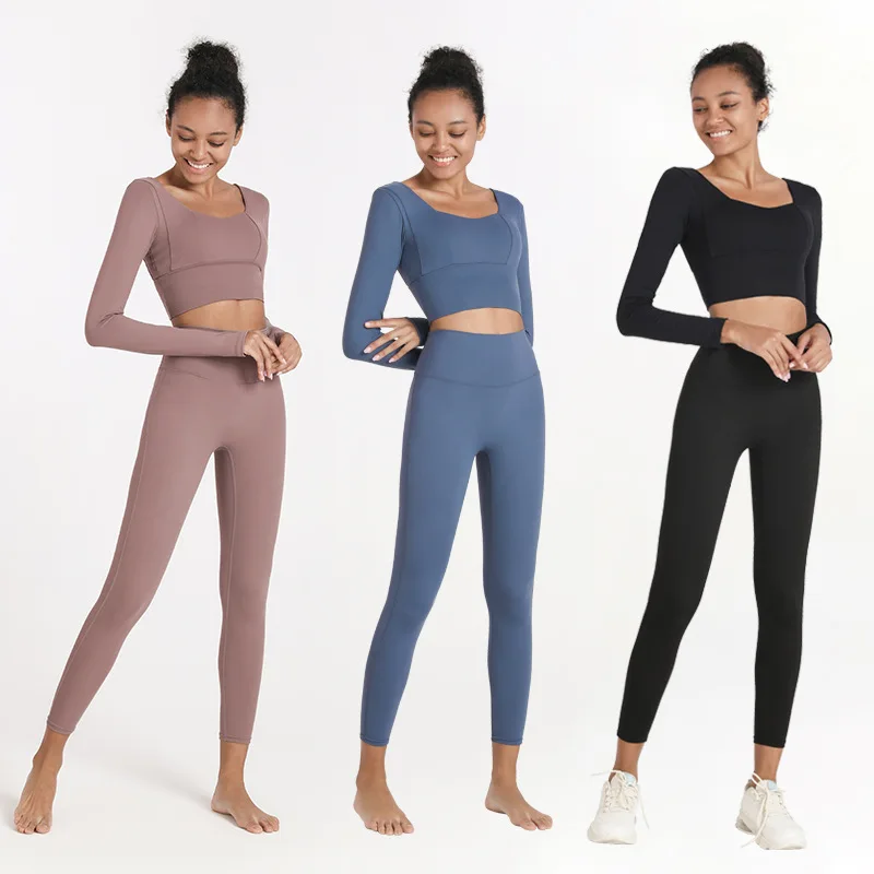 Conjunto de ropa deportiva de manga larga para mujer, top de yoga y leggings, 2 piezas, superventas