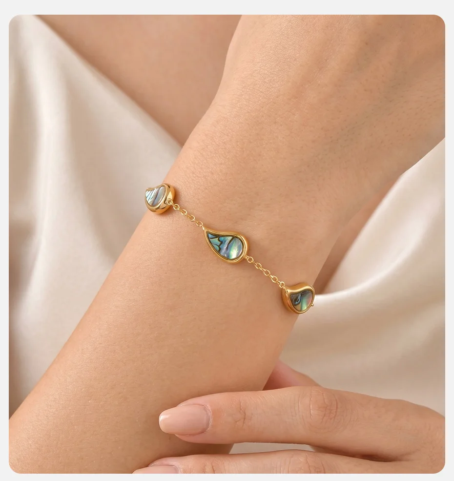 Vnox Vergoldetes Abalone-Muschel-Armband für Frauen Trendiges Geometrisches Tropfenförmiges Armband Sommer Strand Boho Schmuck Wasserfest – Detail 2