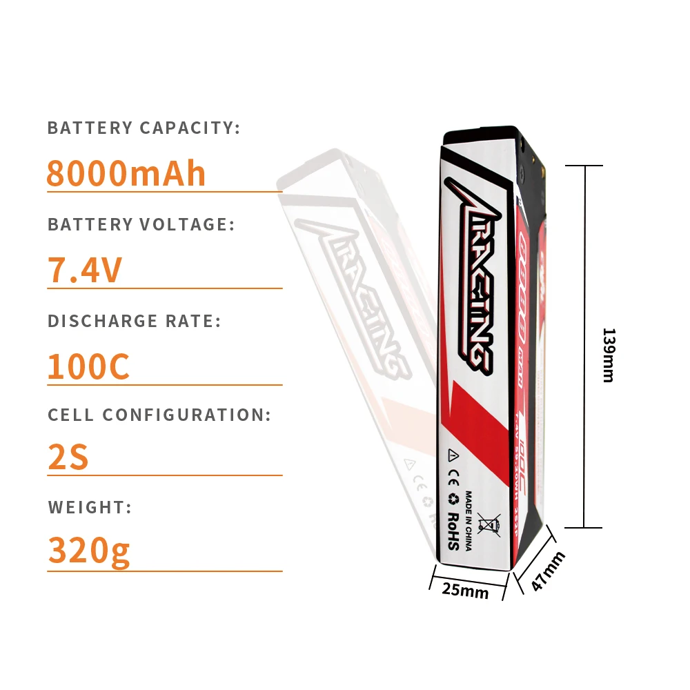 

Customize 8000MAH 7.4V 2S 100C Racing Series Lipo Battery Hard Case with Deans Plug