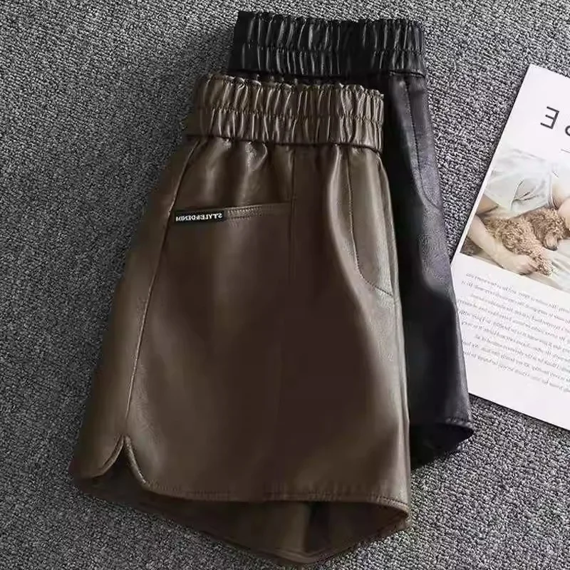 

Женские шорты из искусственной кожи с высокой эластичной талией, облегающие, А-силуэт, широкие штанины, для весенне-осенних и зимних образов с ботинками, w2130