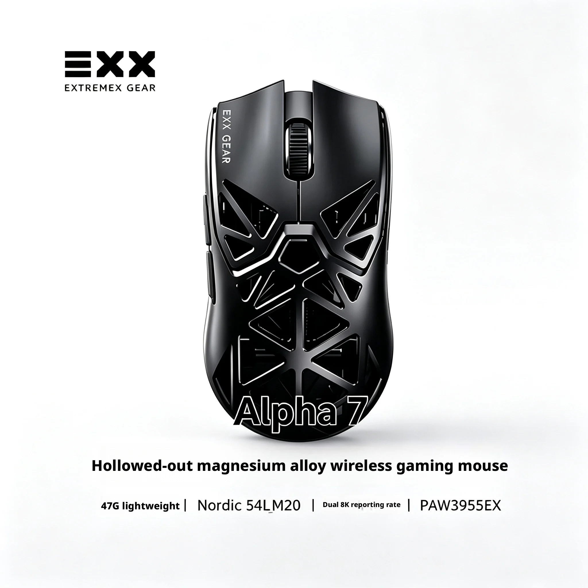 Rato de jogos sem fios EXX Alpha 7, ideal para eSports, 47 g, ultraleve, fabricado em liga de magnésio e alumínio, design oco, sensor PAW3955, para PC