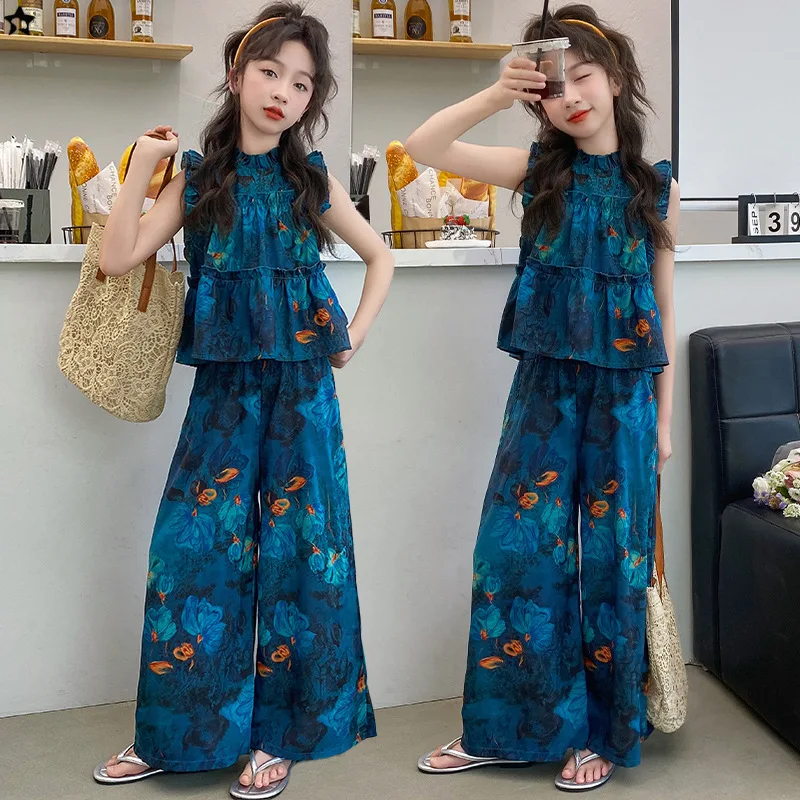 

Новые костюмы в китайском стиле для девочек. Летние костюмы без рукавов с принтом. Бестселлеры с широкими брюками. Костюмы для подростков 7–14 лет.