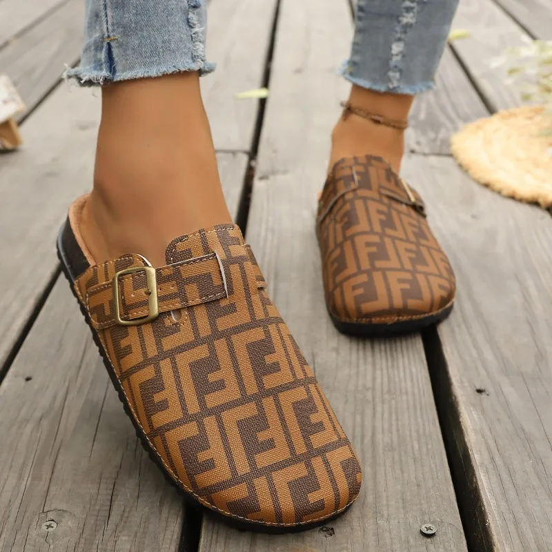 2026 Summer Buckle Strap Comfort Closed Toe Casual Women Shoes Fashion New Letter Print Wear Resistant Non Slip Women's Mules