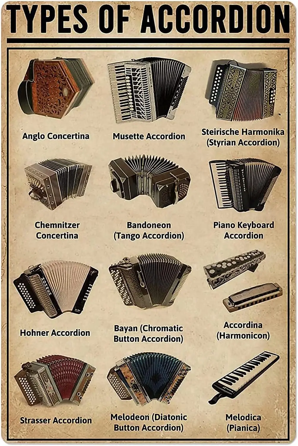 Starotore Types d'accordons, Panneaux en métal, Affiches vintage, Tableaux d'instruments, Décoration murale, Plaques imprimées sur le thème de la science populaire