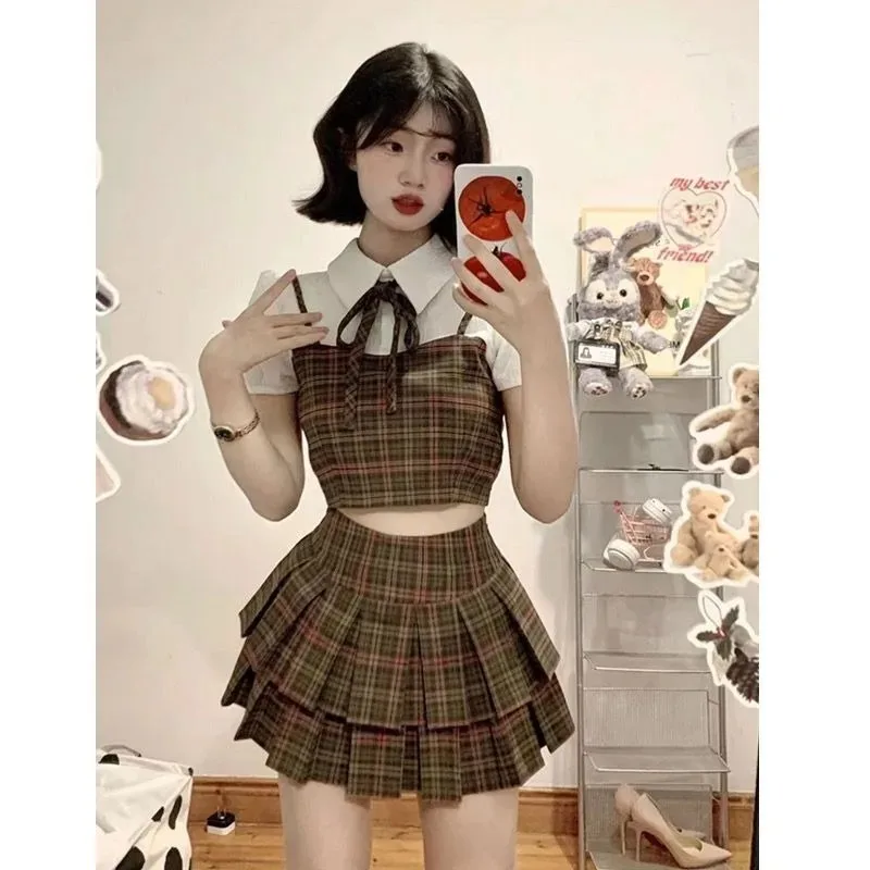 College Fake Two-piece Plaid Shirt Pleated Skirt Two-piece Set Women Fashion Lace Up Polo Neck Sweet Spicy Girl Slim Summer Suit