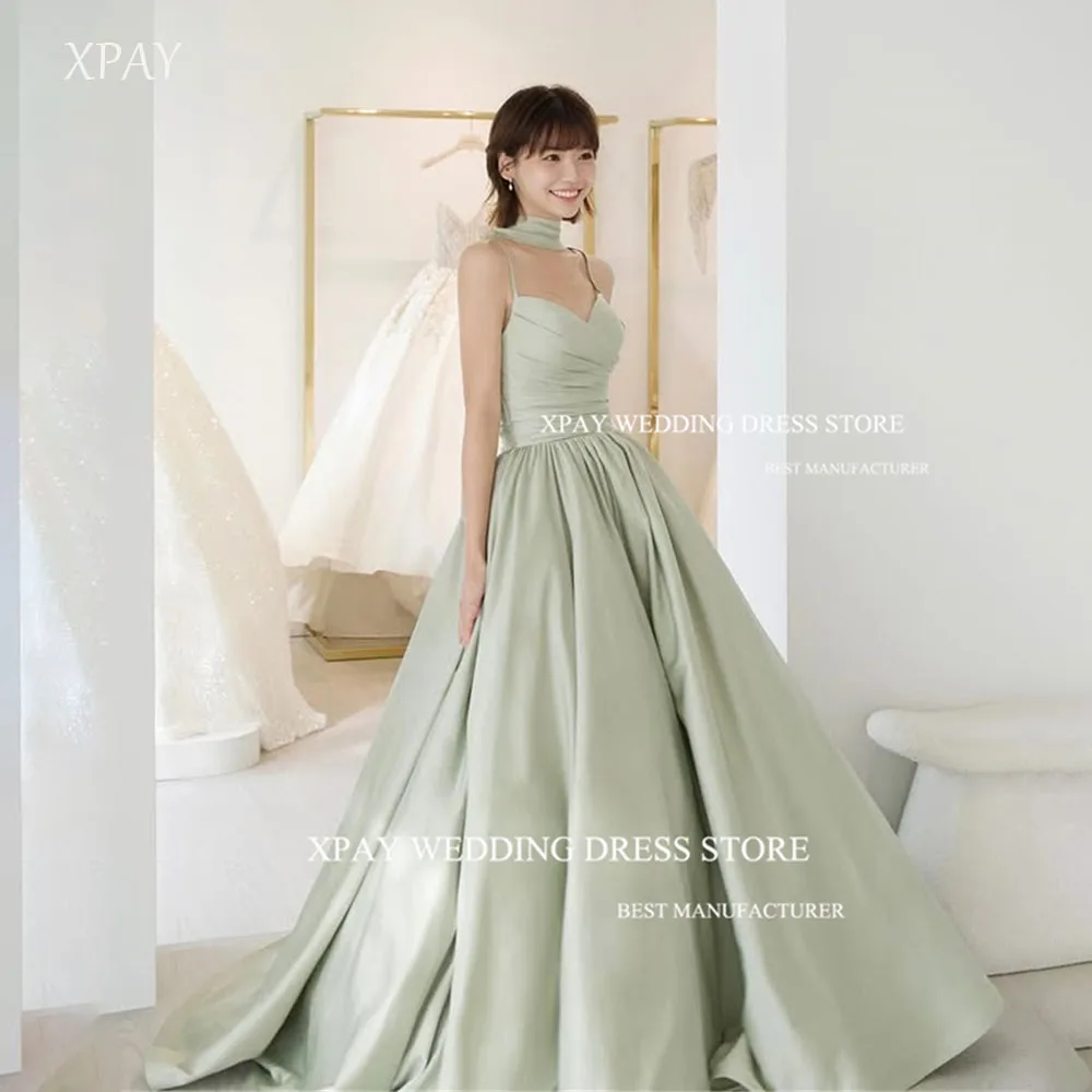 

XPAY Mint Green Strap Detachable shawl Evening Dresses Pleat Korea Wedding Photo shoot Stain Floor-Length Prom Gowns Customized
