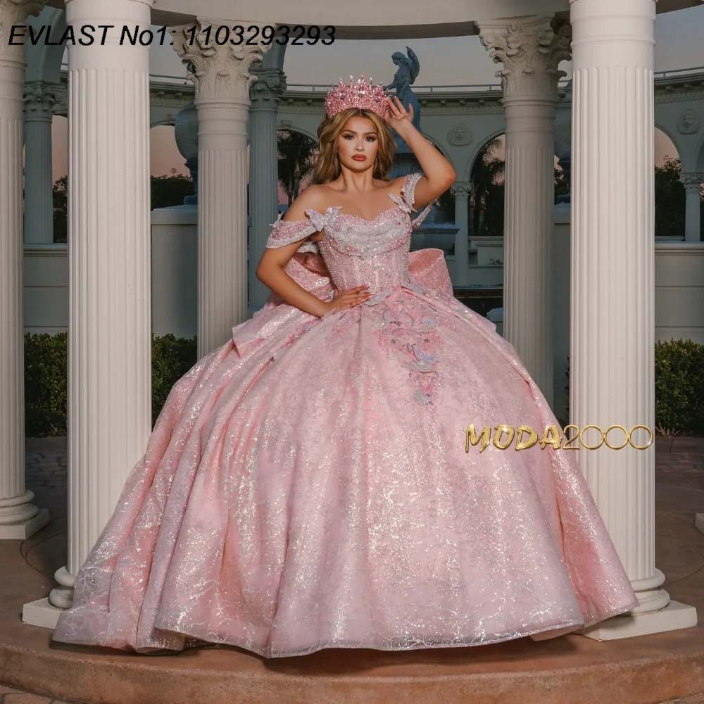 

EVLAST Customized Glitter Blush Pink Quinceanera Dress Ball Gown Shiny Applique Beaded Tiered Sweet 16 Vestido De 15 Anos E1Q103