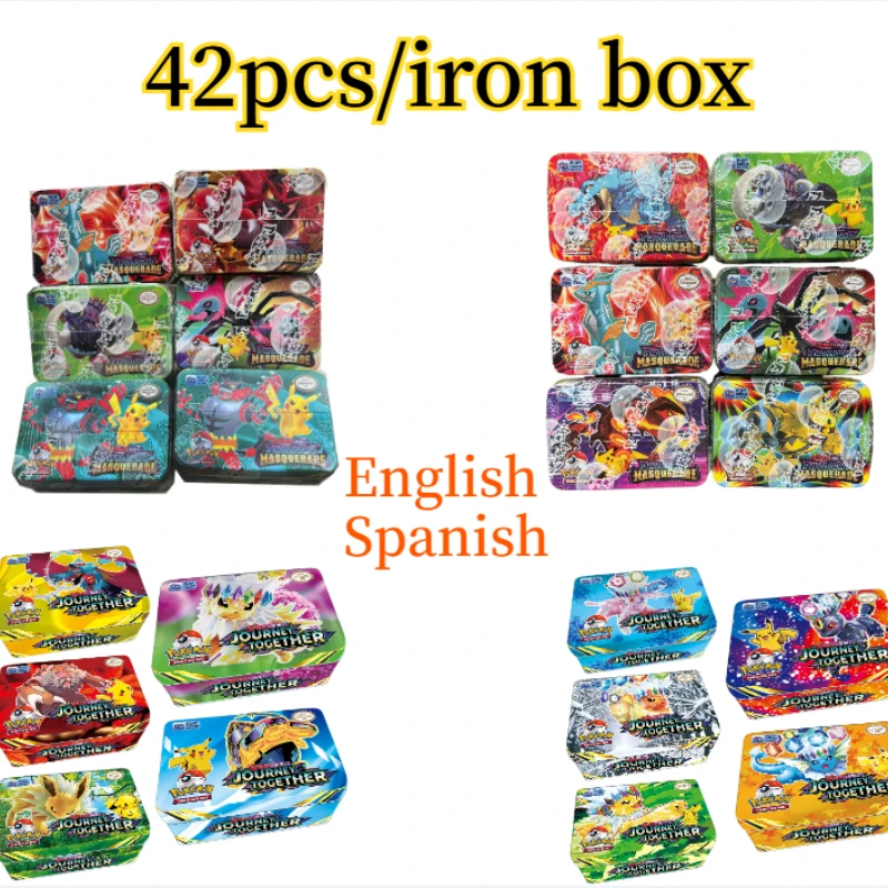 42pcs/set Iron Box English Spanish Pokemon Battle Cards Toys White Flare Black Bolt Pikachu Game Anime Bank Cards Battle Cards