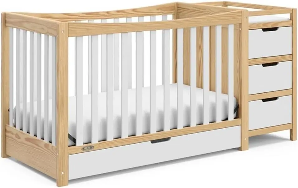 Berço e trocador conversível de madeira 4 em 1 em branco/natural