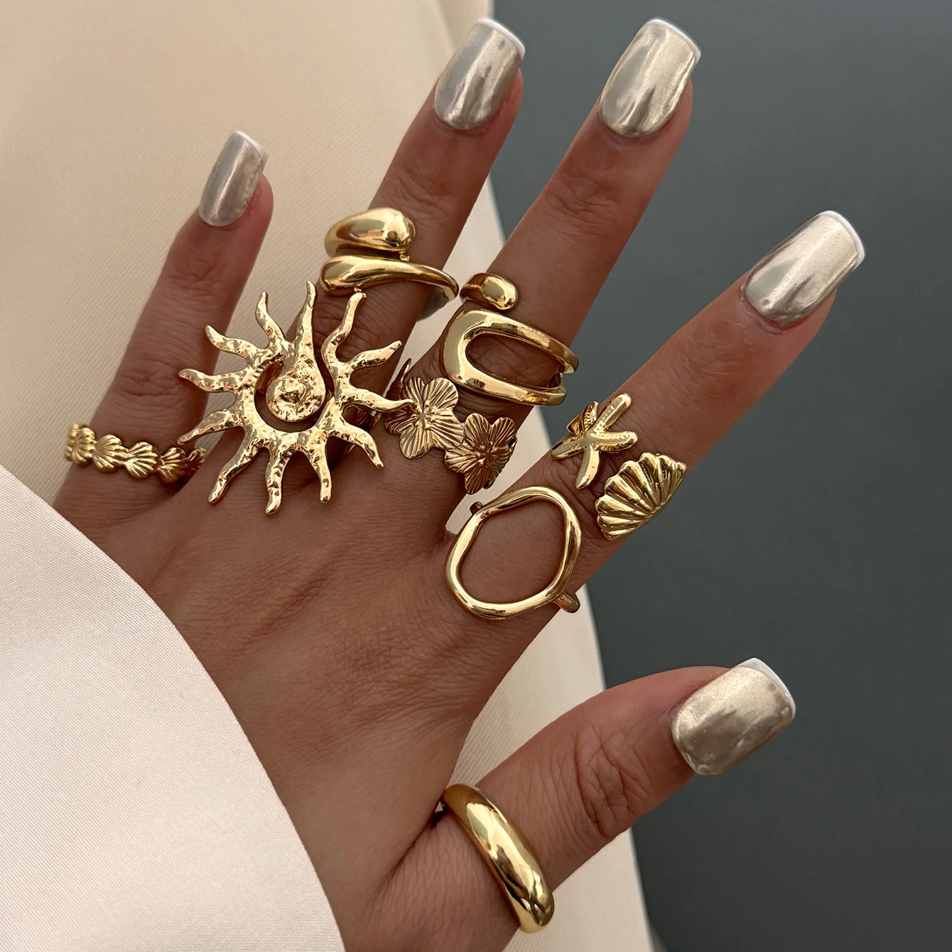 8 pièces/ensemble bohême soleil étoile de mer coquille anneaux ouverts pour les femmes à la mode Punk géométrique couleur or Knuckle Joint anneau plage bijoux cadeau