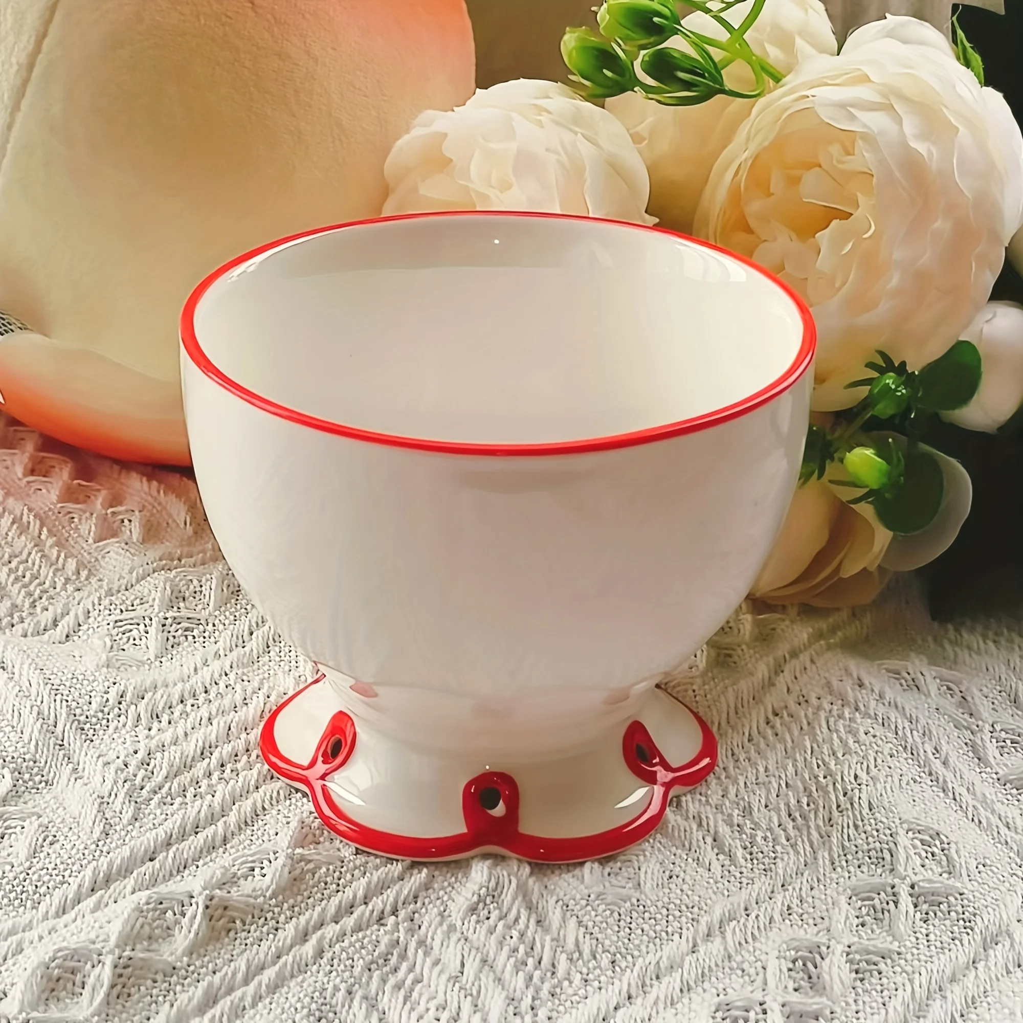 1 PC, creative and cute ceramic high legged bowl, shaped bowl, red border dessert bowl, ice cream bowl, sugar water bowl, baking