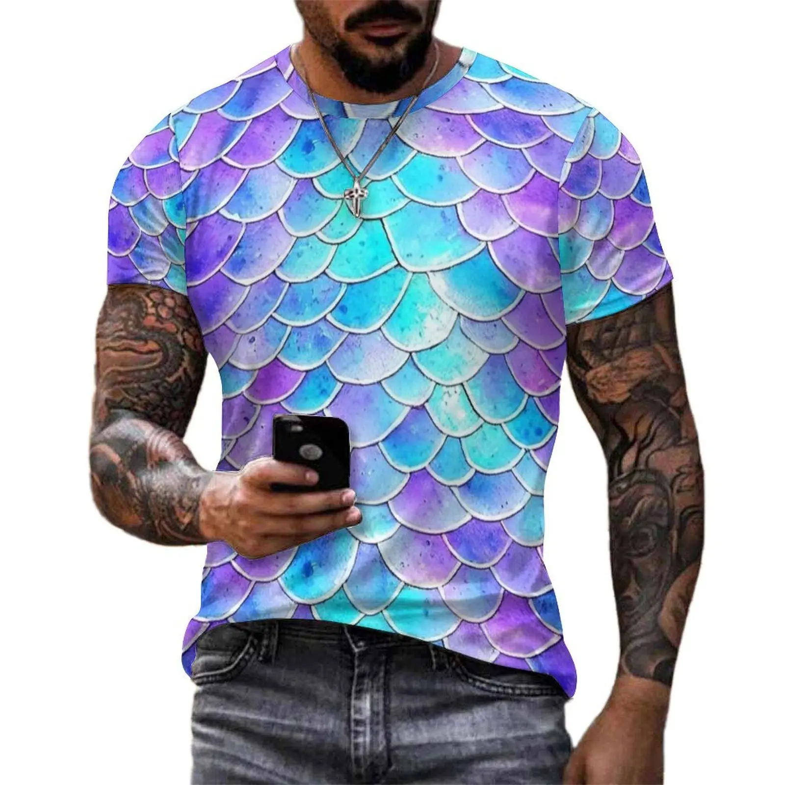 Purple Aqua Mermaid Scale T-Shirt  Vintage T-Shirts Men Streetwear Tee Shirt Beach Short Sleeve Graphic Tees 4XL 5XL 6XL