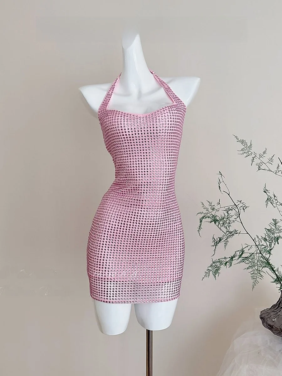 

Sexy Short Dress LUCKYMAN Heavy Industry Advanced Sense Neck Hanging Waist Cinching Backless Glittering Polyester Fiber Skirt