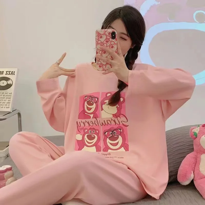 Disney Strawberry Bear Pink Crew Neck Long Sleeve Women's Pajamas Spring and Autumn Fashion Cartoon Printed Homewear Set