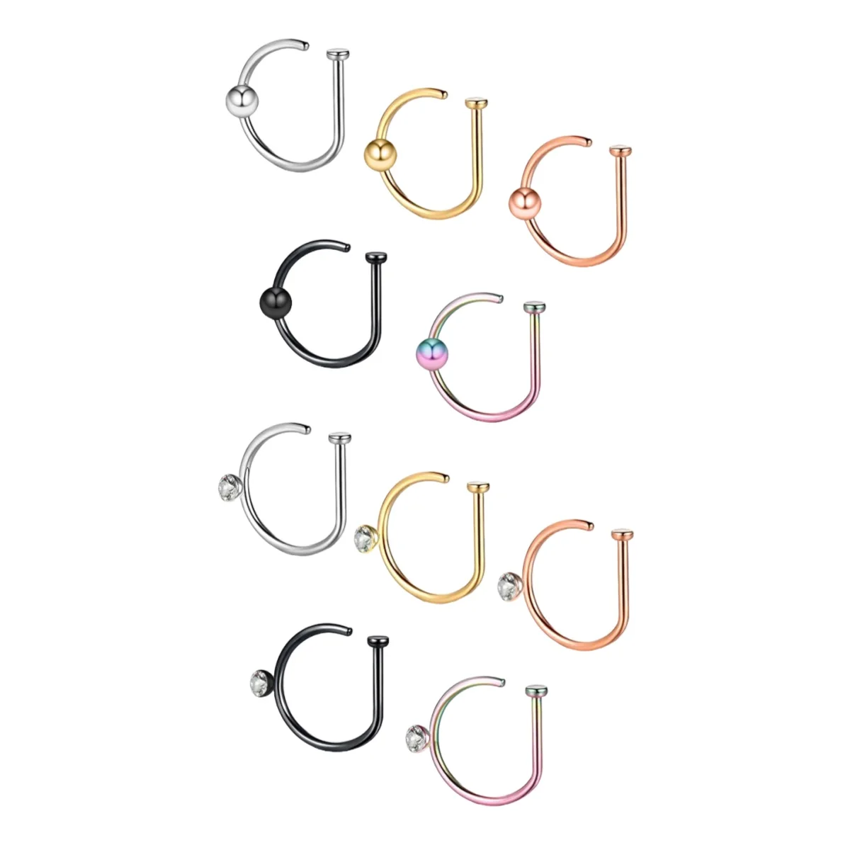 2 Pcs/Set Punk D-Shaped Stainless Steel Inset Rhinodiamond-Round Ball Fake Nose Ring Nose Clip For Women And Men On Nose Jewelry image 6