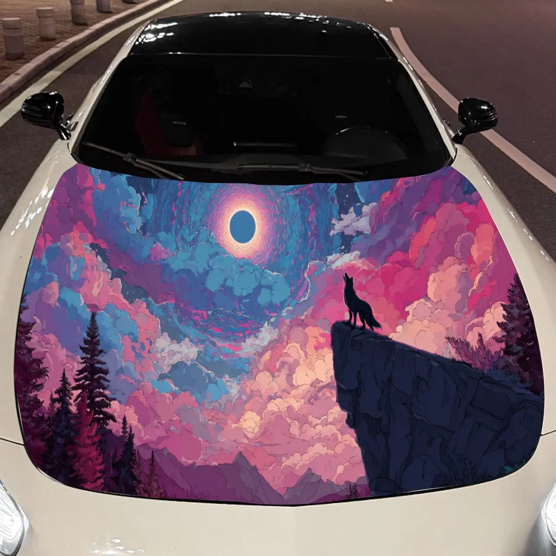 Peaceful Mountain Wolf Car Hood Stickers - Self-Adhesive, Waterproof and Durable Vinyl Wrap, Decorate And Protect Your Car, Fit