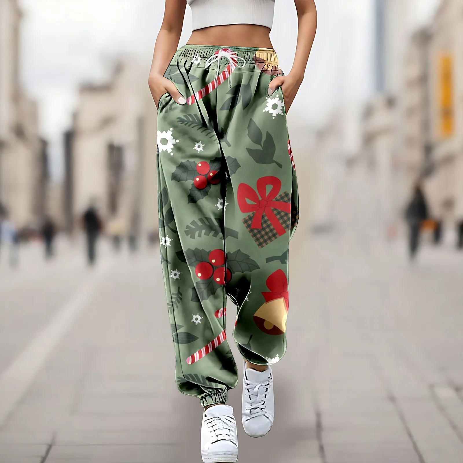 Crutch Print Christmas Fashion Drawstring Jogging Pants Women Comfortable Loose Fit High Waisted Trousers Business Casual Pants